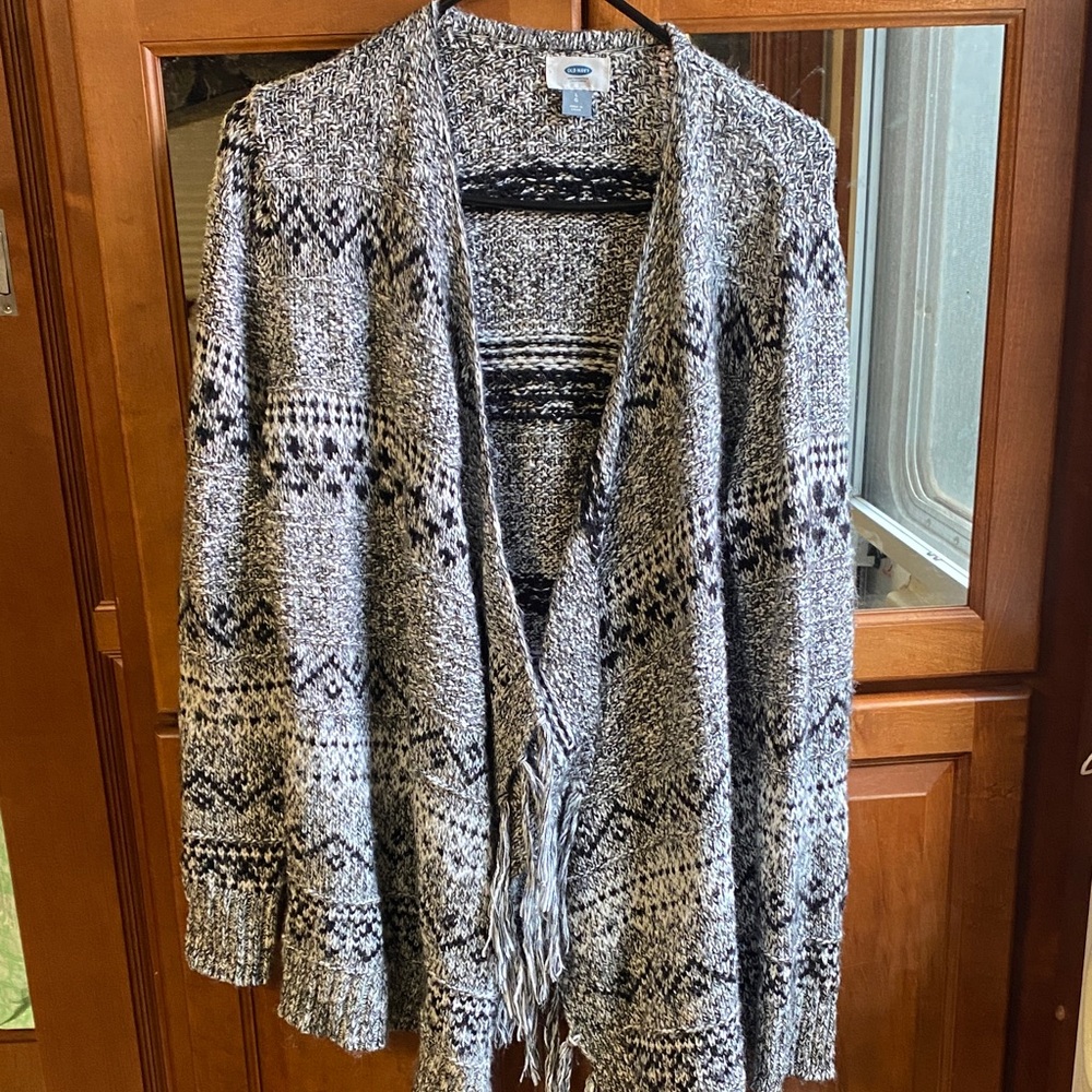 Black, Gray, and White Patterned Fringe Large Open Front Cardigan Fall
